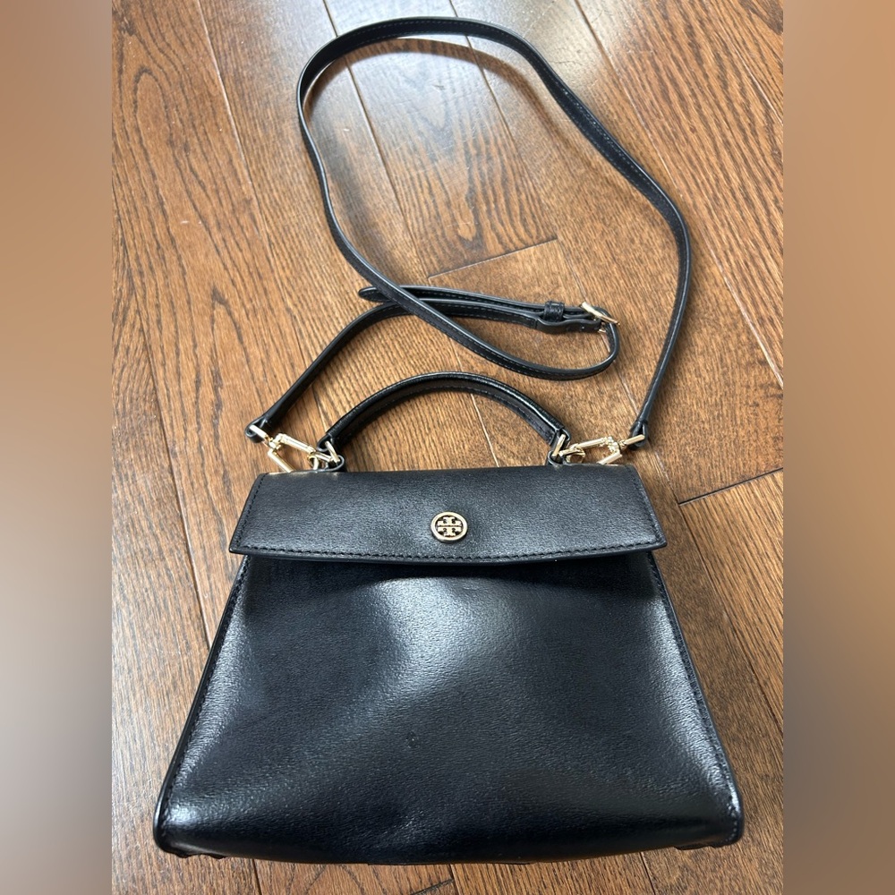 Tory Burch Black Leather Top-Handle Crossbody with Gold Logo